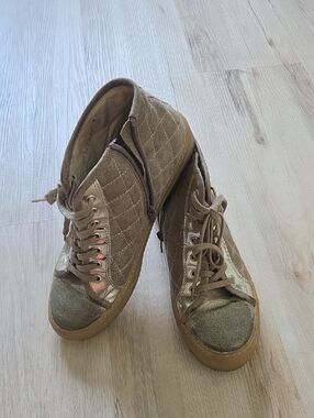Agl Quilted High-Top Boots in Tan with Metallic Accents Made In Italy